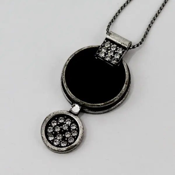 Chico's Clear Rhinestone Black Enamel Pendant Necklace 30"