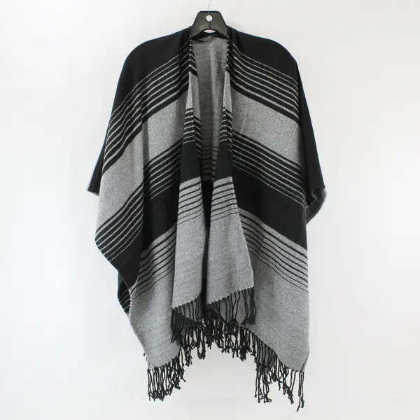 Black and Gray Striped Fringe Knit Shawl One Size