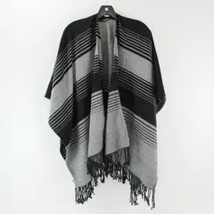 Black and Gray Striped Fringe Knit Shawl One Size