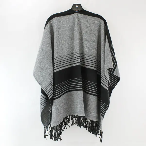 Black and Gray Striped Fringe Knit Shawl One Size