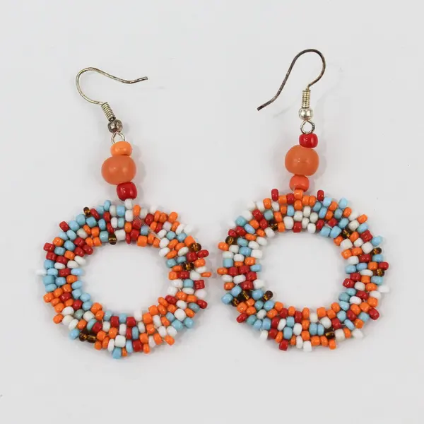 Orange Blue White Red Seed Bead Hoop Drop Earrings Boho