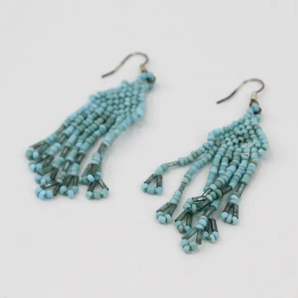 Turquoise Seed Bead Fringe Tassel Boho Dangle Earrings