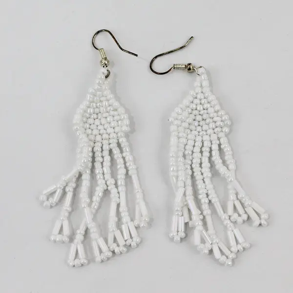 White Seed Bead Fringe Tassel Boho Dangle Earrings