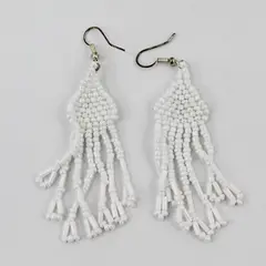 White Seed Bead Fringe Tassel Boho Dangle Earrings