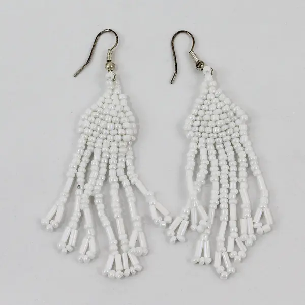 White Seed Bead Fringe Tassel Boho Dangle Earrings