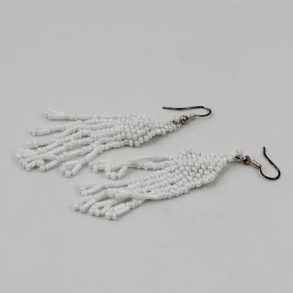 White Seed Bead Fringe Tassel Boho Dangle Earrings