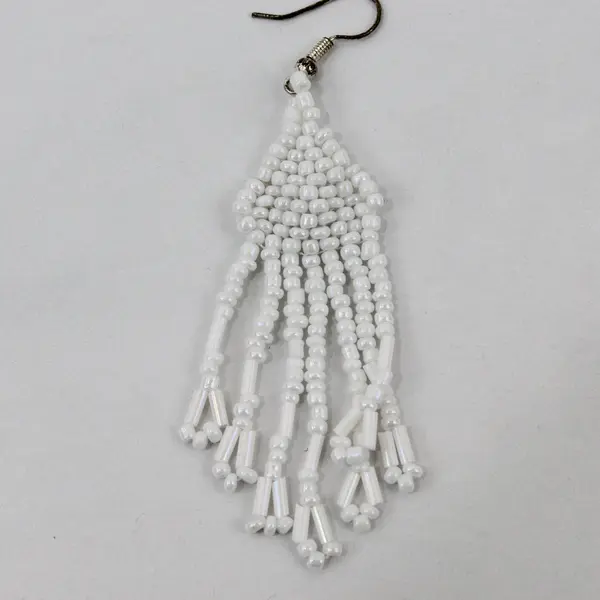 White Seed Bead Fringe Tassel Boho Dangle Earrings