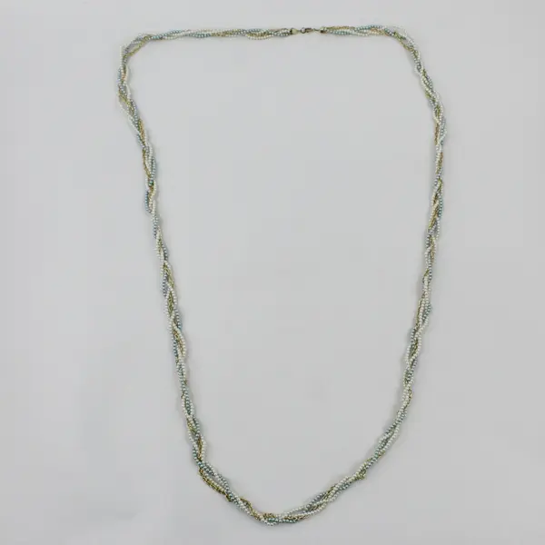 Multi-Strand Braided White Blue Faux Pearl Gold-Tone Chain Necklace 47"