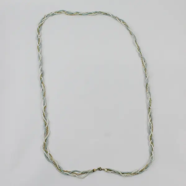 Multi-Strand Braided White Blue Faux Pearl Gold-Tone Chain Necklace 47"