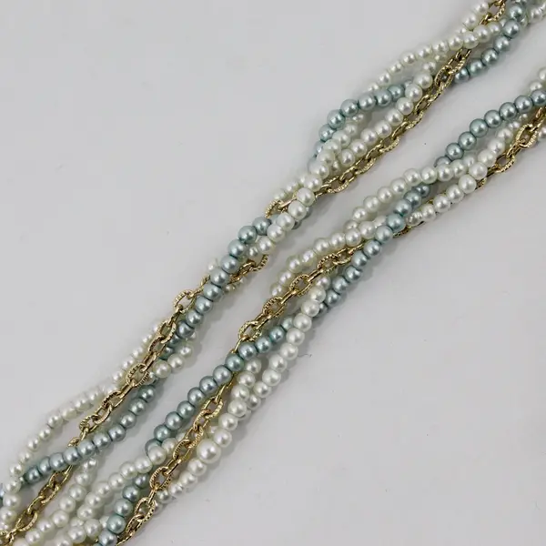 Multi-Strand Braided White Blue Faux Pearl Gold-Tone Chain Necklace 47"