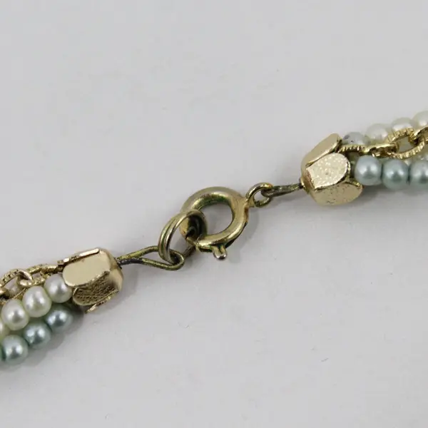 Multi-Strand Braided White Blue Faux Pearl Gold-Tone Chain Necklace 47"