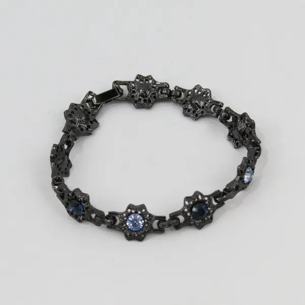 Vintage Blue Rhinestone Starburst Setting Gunmetal Silver-Tone Bracelet 7.5"