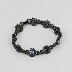 Vintage Blue Rhinestone Starburst Setting Gunmetal Silver-Tone Bracelet 7.5"