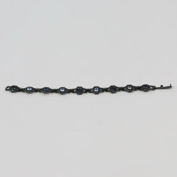 Vintage Blue Rhinestone Starburst Setting Gunmetal Silver-Tone Bracelet 7.5"