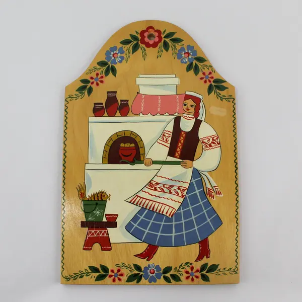 Hand Painted USSR Russian Folk Art Decorative Wood Cutting Board Woman Cooking