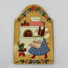 Hand Painted USSR Russian Folk Art Decorative Wood Cutting Board Woman Cooking