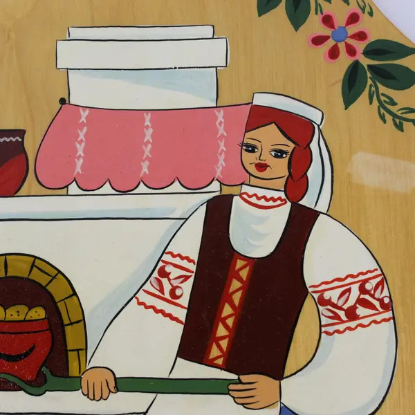Hand Painted USSR Russian Folk Art Decorative Wood Cutting Board Woman Cooking