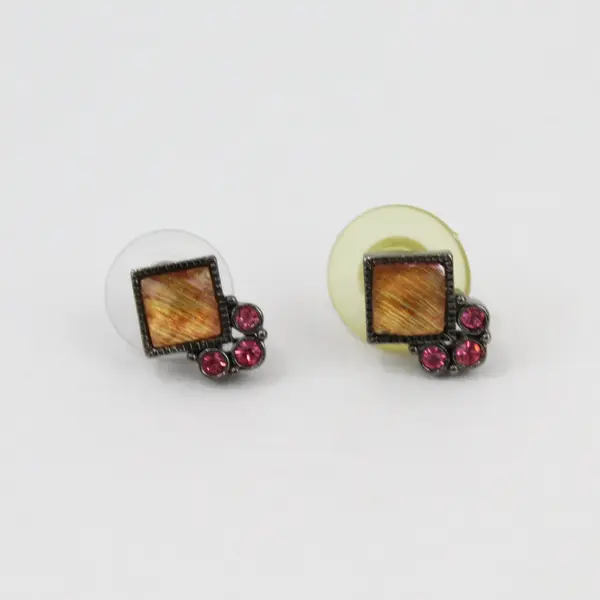 Vintage Stud Earrings Pink Rhinestones Yellow Amber Center Stone