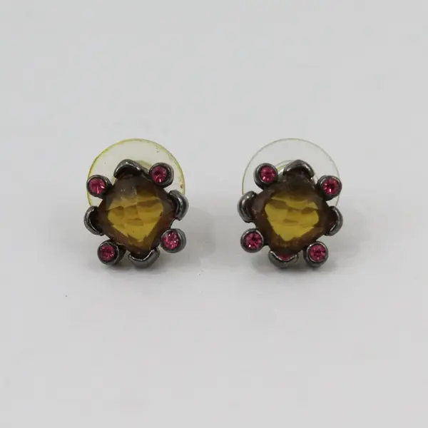 Vintage Yellow Pink Rhinestone Stud Earrings Gunmetal Finish