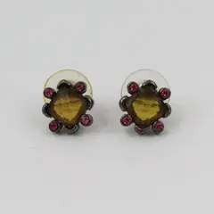 Vintage Yellow Pink Rhinestone Stud Earrings Gunmetal Finish