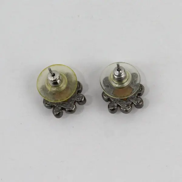 Vintage Yellow Pink Rhinestone Stud Earrings Gunmetal Finish