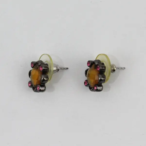 Vintage Yellow Pink Rhinestone Stud Earrings Gunmetal Finish