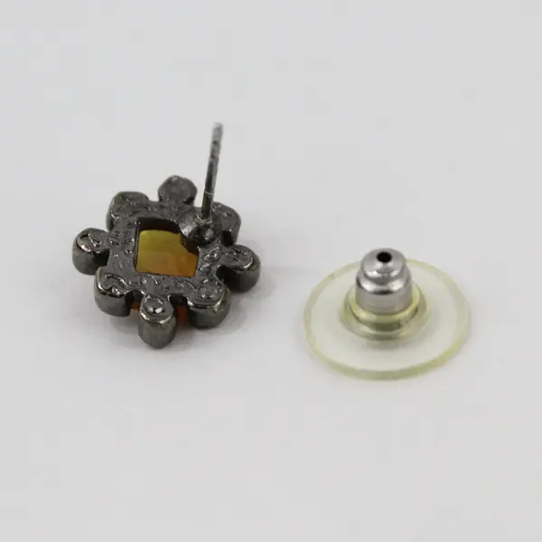 Vintage Yellow Pink Rhinestone Stud Earrings Gunmetal Finish