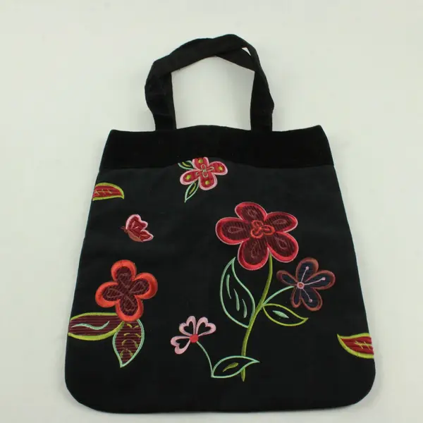 Vtg Y2K Unbranded Black Embroidered Floral Small Tote Bag 11.5"x13.5"