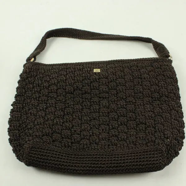 Vintage Lina Rich Brown Woven Crochet - Zipper Closure Shoulder Bag - 14"x9"
