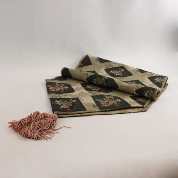 Tapestry Woven Table Runner Checkerboard Floral Motif 68x13