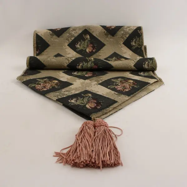 Tapestry Woven Table Runner Checkerboard Floral Motif 68x13