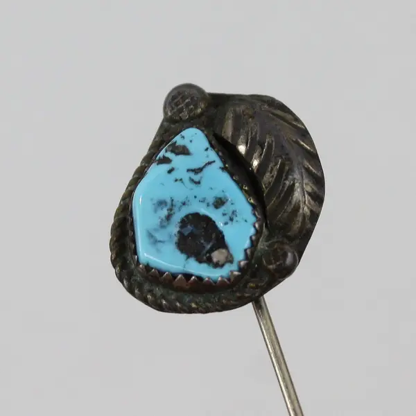 Vintage Tribal Feather Design Stick Pin Turquoise Accent Dark Oxidized Metal