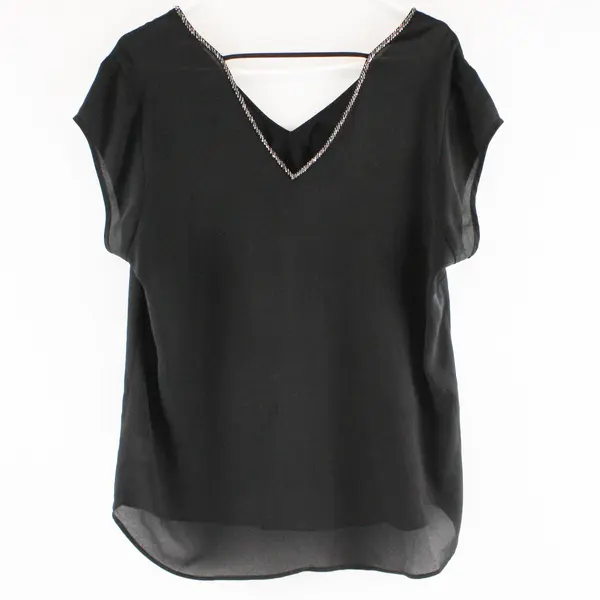 Unbranded Black V-Neck Short Sleeve Beaded Neckline Blouse Size L