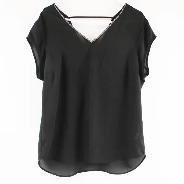 Unbranded Black V-Neck Short Sleeve Beaded Neckline Blouse Size L