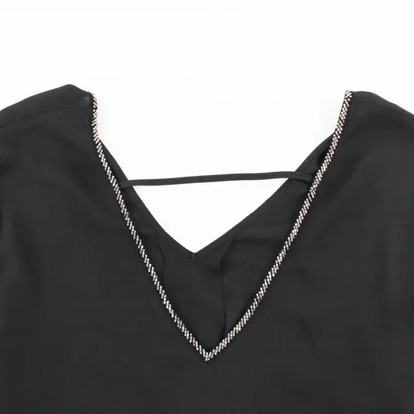 Unbranded Black V-Neck Short Sleeve Beaded Neckline Blouse Size L