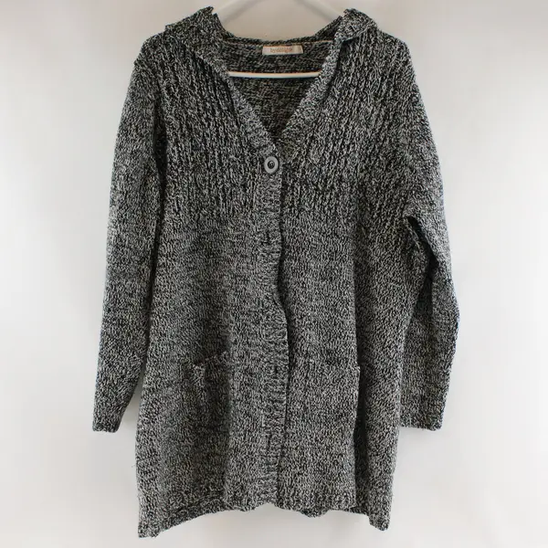 Women by Design L Black White Hooded Button-Up Cardigan Sweater Pockets