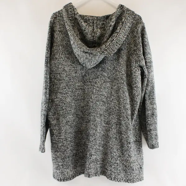 Women by Design L Black White Hooded Button-Up Cardigan Sweater Pockets