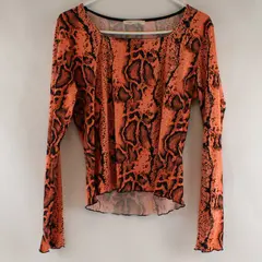 Daily Special L Peach Black Snake Skin Print Long Sleeve Ruffle Top