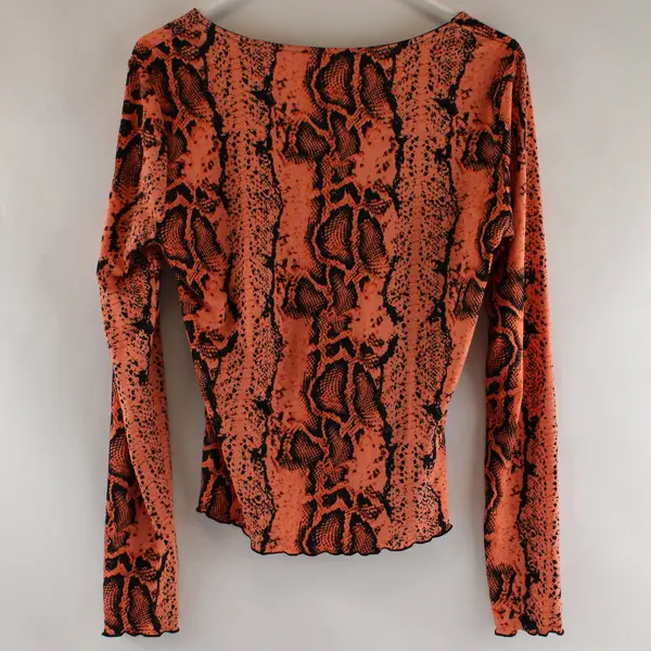 Daily Special L Peach Black Snake Skin Print Long Sleeve Ruffle Top