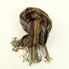 Sparkly Brown and Gray Striped Woven Fringe Lightweight Scarf 21"x70"