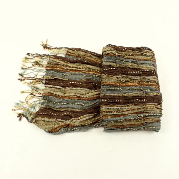 Sparkly Brown and Gray Striped Woven Fringe Lightweight Scarf 21"x70"