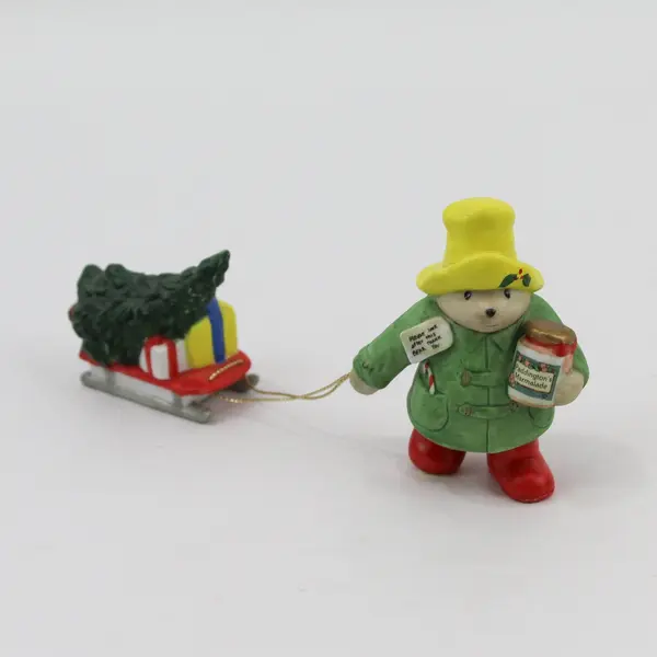 1991 Enesco Paddington Pulling A Sled With A Christmas Tree And Gifts