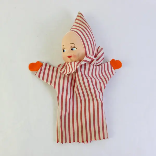 Vintage Striped Clown Girl Hand Puppet FLAWED