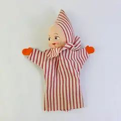 Vintage Striped Clown Girl Hand Puppet FLAWED