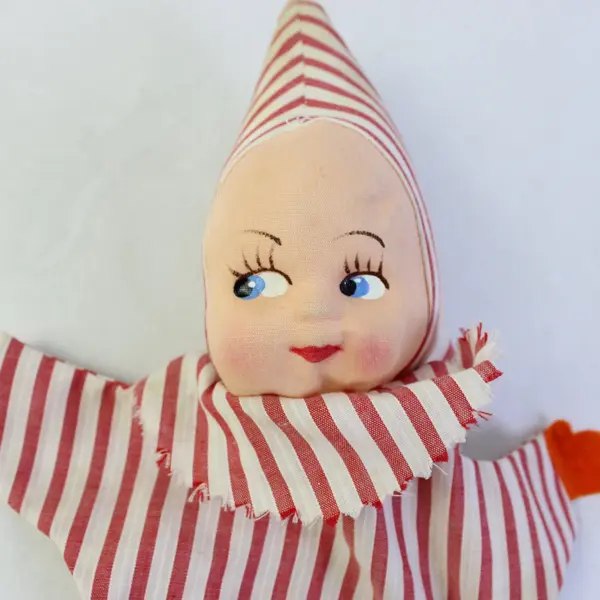 Vintage Striped Clown Girl Hand Puppet FLAWED