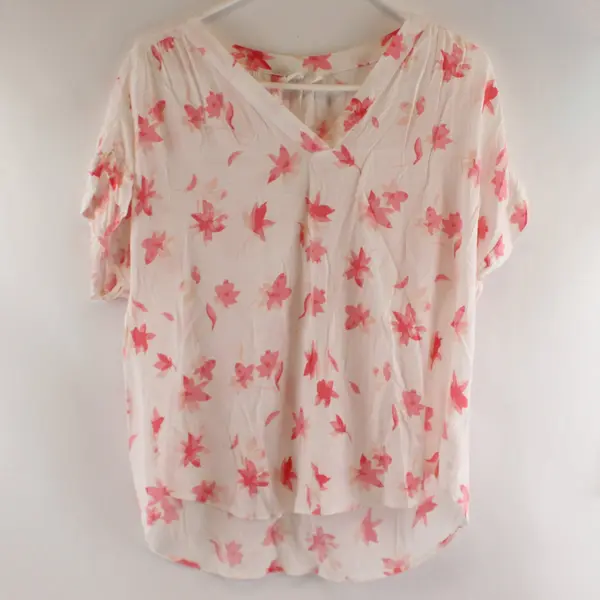 GAP Sheer White and Pink Floral Short Cap Sleeve V-Neck Blouse Women's Size L