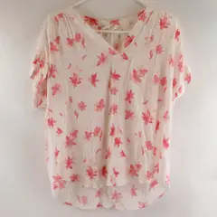 GAP Sheer White and Pink Floral Short Cap Sleeve V-Neck Blouse Women's Size L