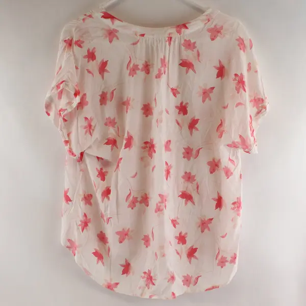 GAP Sheer White and Pink Floral Short Cap Sleeve V-Neck Blouse Women's Size L