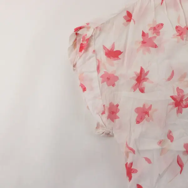 GAP Sheer White and Pink Floral Short Cap Sleeve V-Neck Blouse Women's Size L