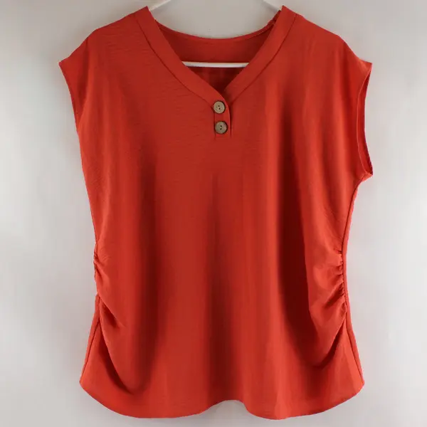 Coral Lightweight V-Neck Blouse Wooden Buttons Elastic Sides Women's M 
